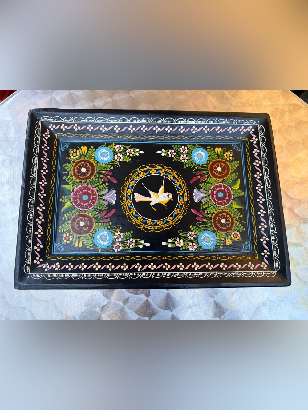 Mexican Hand-Painted Black Floral Serving Tray with Bird Motif